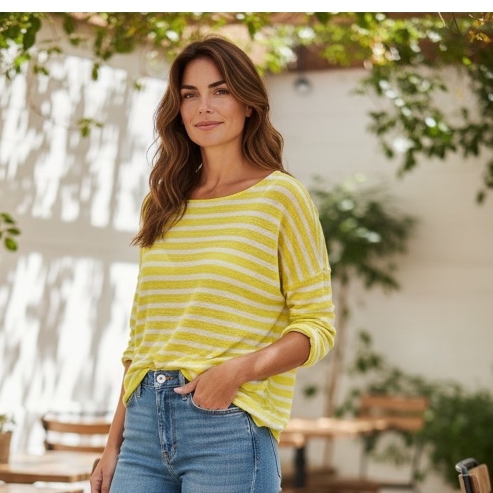 Lauren Ralph Lauren Yellow White Striped 100% Linen Knit Sweater Top Womens L‎